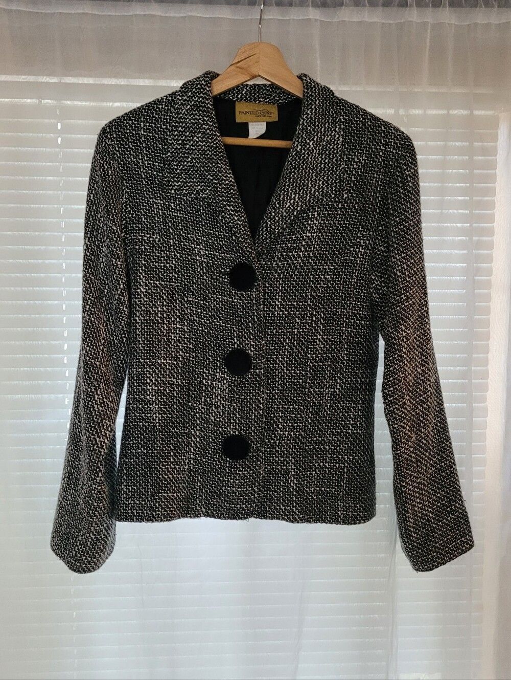 Painted Pony Vintage Marled black & White Textured Jacket Small Bitton Front